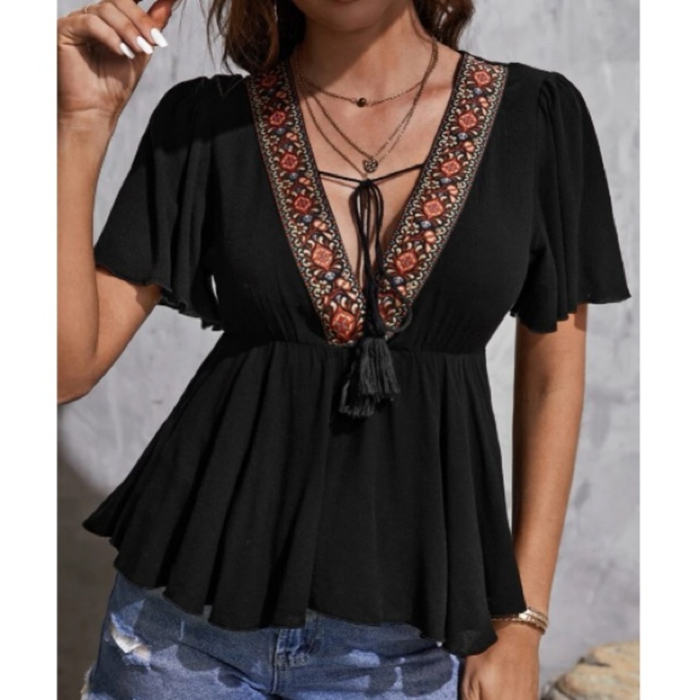 Boho floral embroidered tie neck peplum  blouse